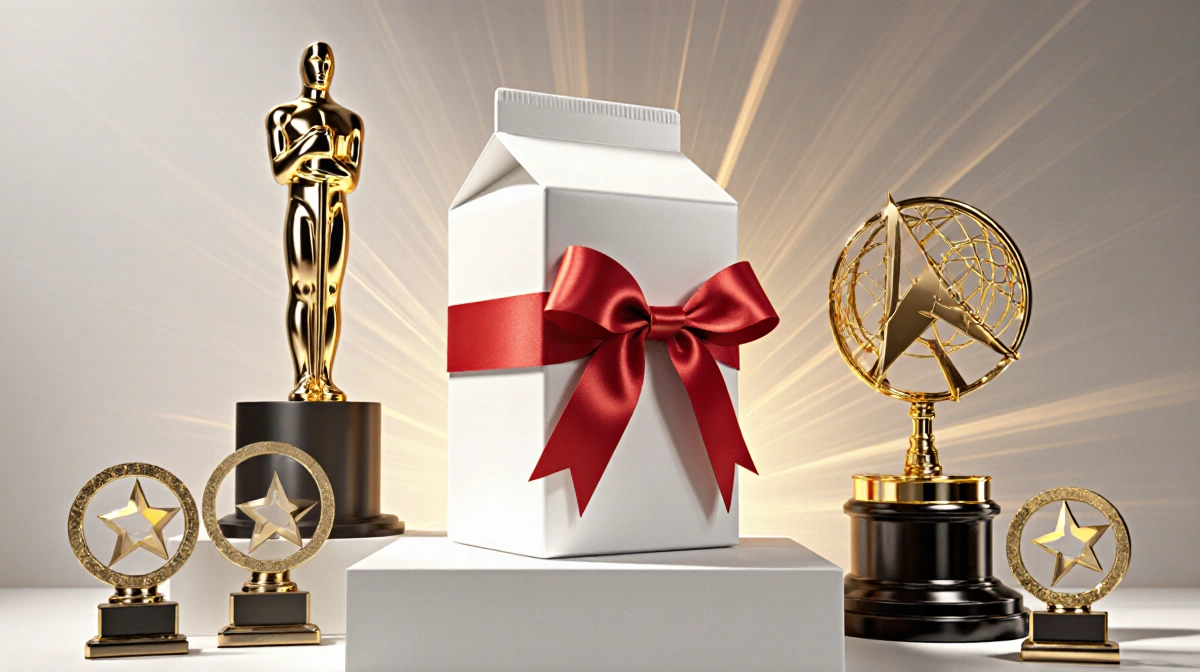 Gold-wrapped milk carton stands on pedestal with Oscar and Golden Globe trophies gleaming nearby