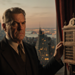 Axel Adler Jr. stands beside a dusty wooden stock ticker machine with a dimly lit city skyline behind him.