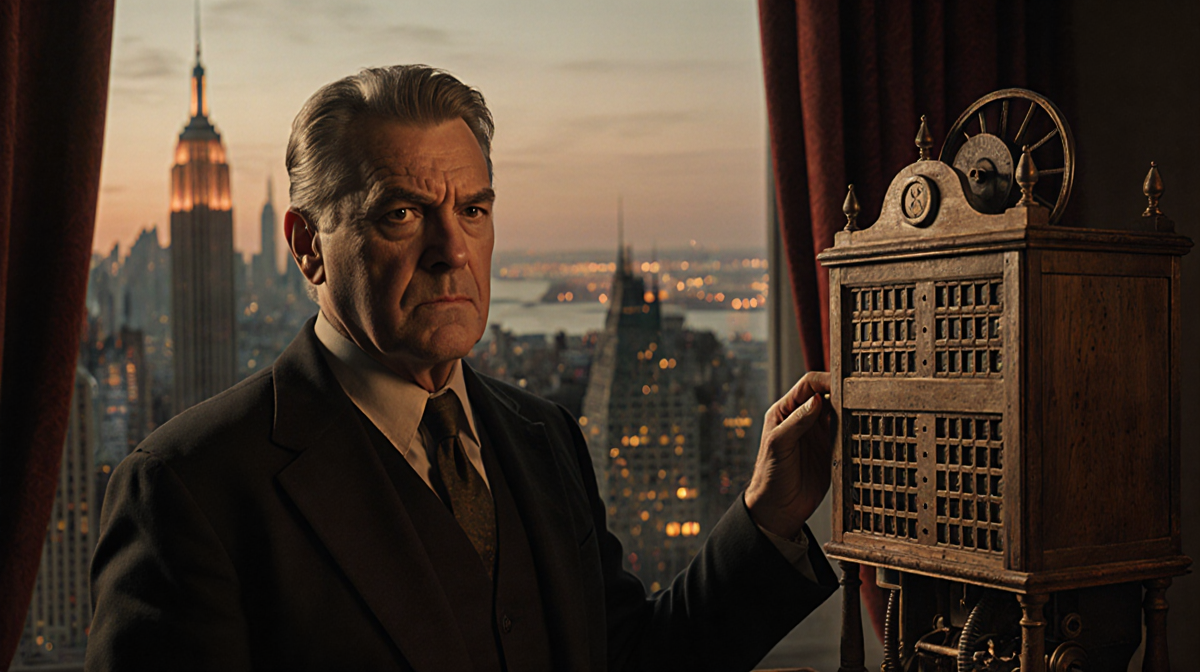Axel Adler Jr. stands beside a dusty wooden stock ticker machine with a dimly lit city skyline behind him.