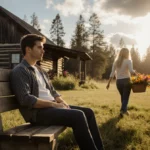 Axl Duhamel relaxing on cabin bench with Fergie walking toward him carrying flowers and golden sunset light