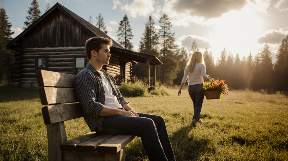 Axl Duhamel relaxing on cabin bench with Fergie walking toward him carrying flowers and golden sunset light