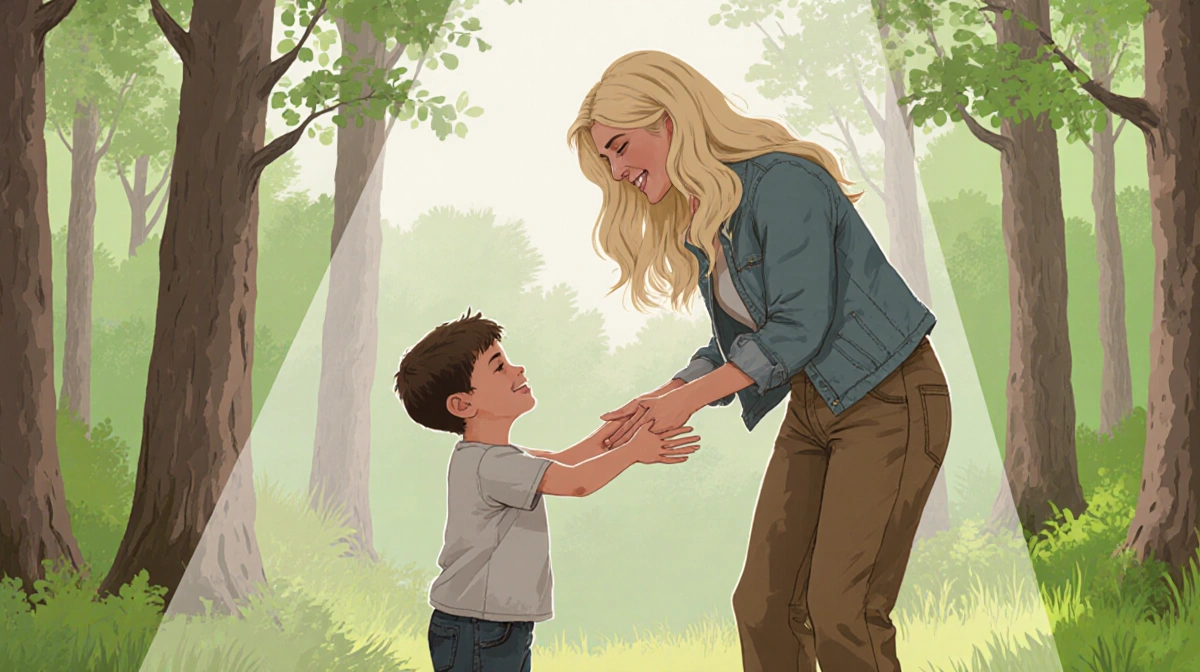 Axl hugging Fergie with warm smiles in Minnesota woods with soft sunlight through trees