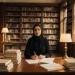 Aya Al-Hakim writing at wooden desk with towering bookshelves and warm golden light filling the library