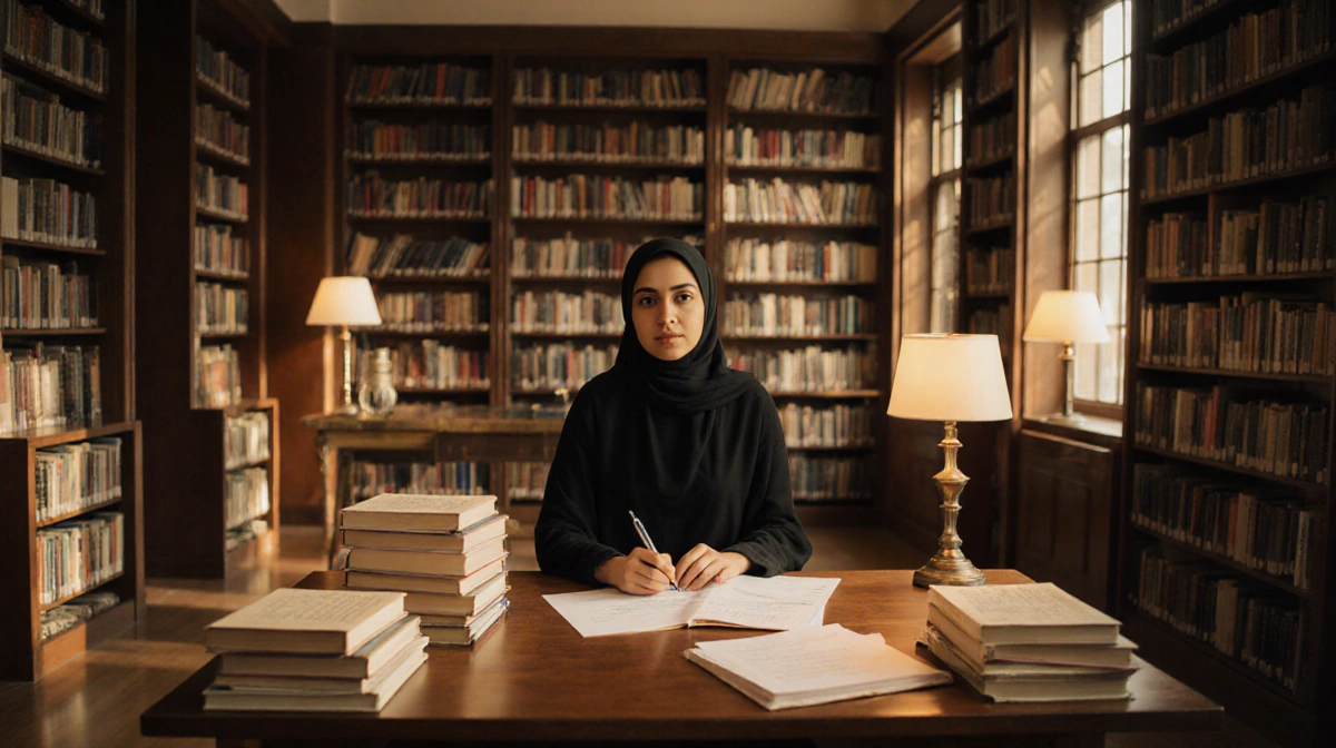 Aya Al-Hakim writing at wooden desk with towering bookshelves and warm golden light filling the library