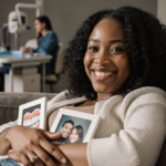 Ayana Headspeth sits on plush couch with warm smile and framed photos of loved ones while dental recovery area fades behind