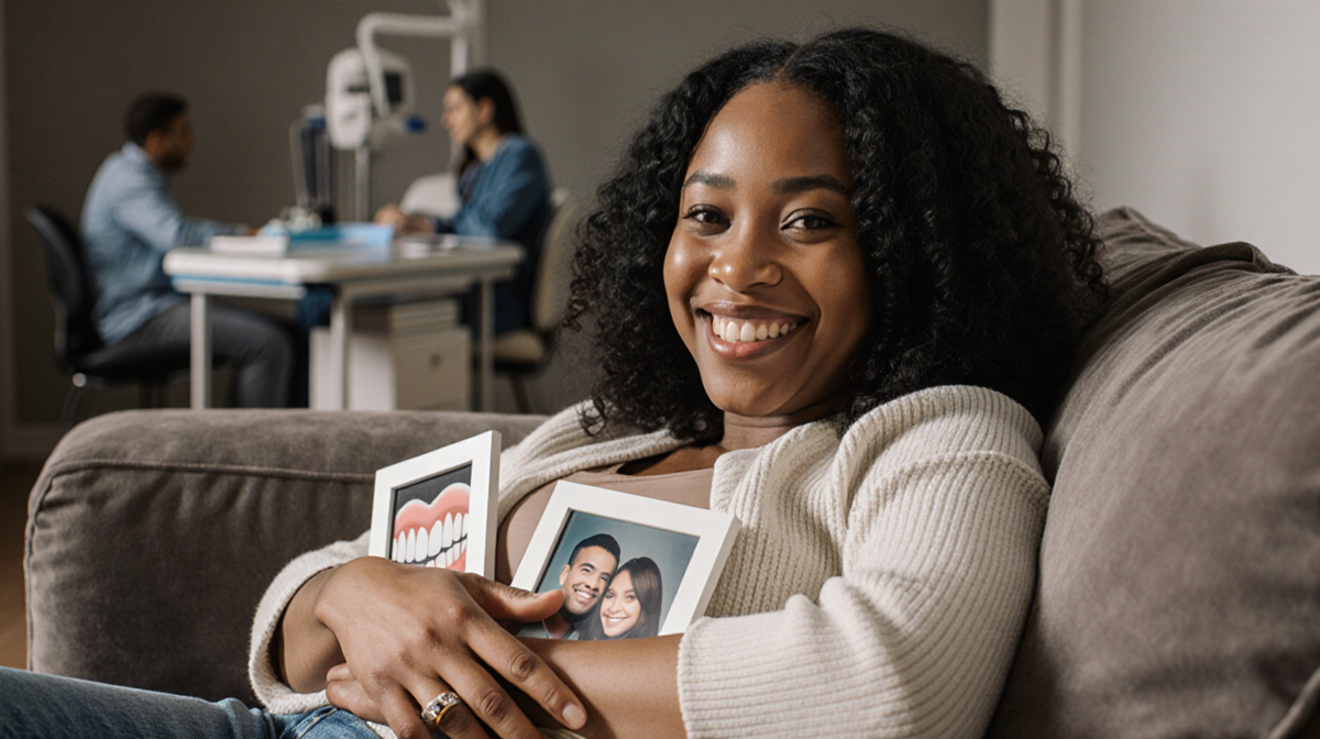 Ayana Headspeth sits on plush couch with warm smile and framed photos of loved ones while dental recovery area fades behind