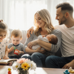 Ayla Woodruff cradling her baby with Kian Lawley resting on her shoulder and children playing nearby.