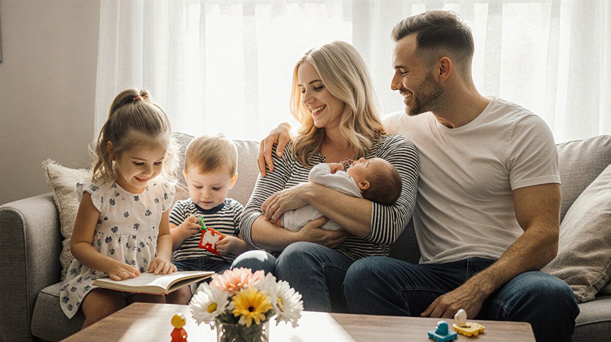 Ayla Woodruff cradling her baby with Kian Lawley resting on her shoulder and children playing nearby.