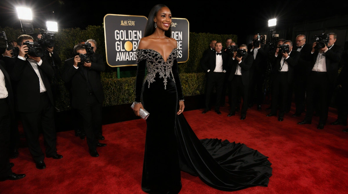 Ayo Edebiri poses on the red carpet Golden Globes with off-shoulder black gown and paparazzi flashes