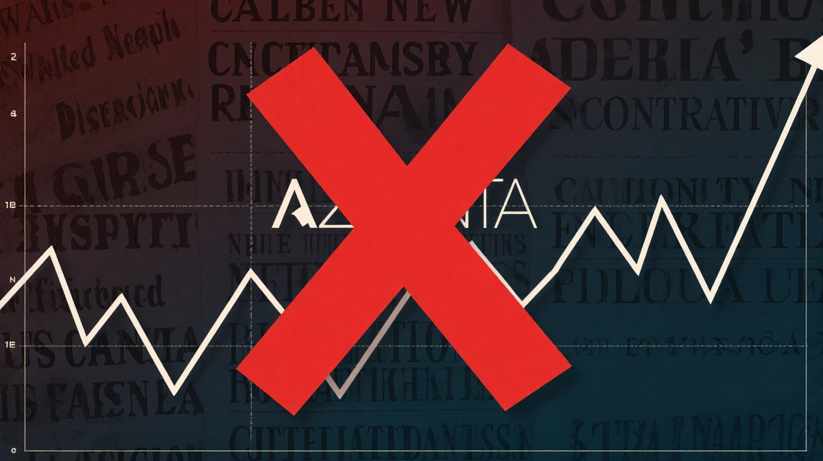 Red X crossing over financial chart with fluctuating lines and fading news headlines showing market uncertainty