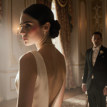 Azriél Crews standing at a lavish wedding with back to camera in white dress and golden lighting showing discomfort