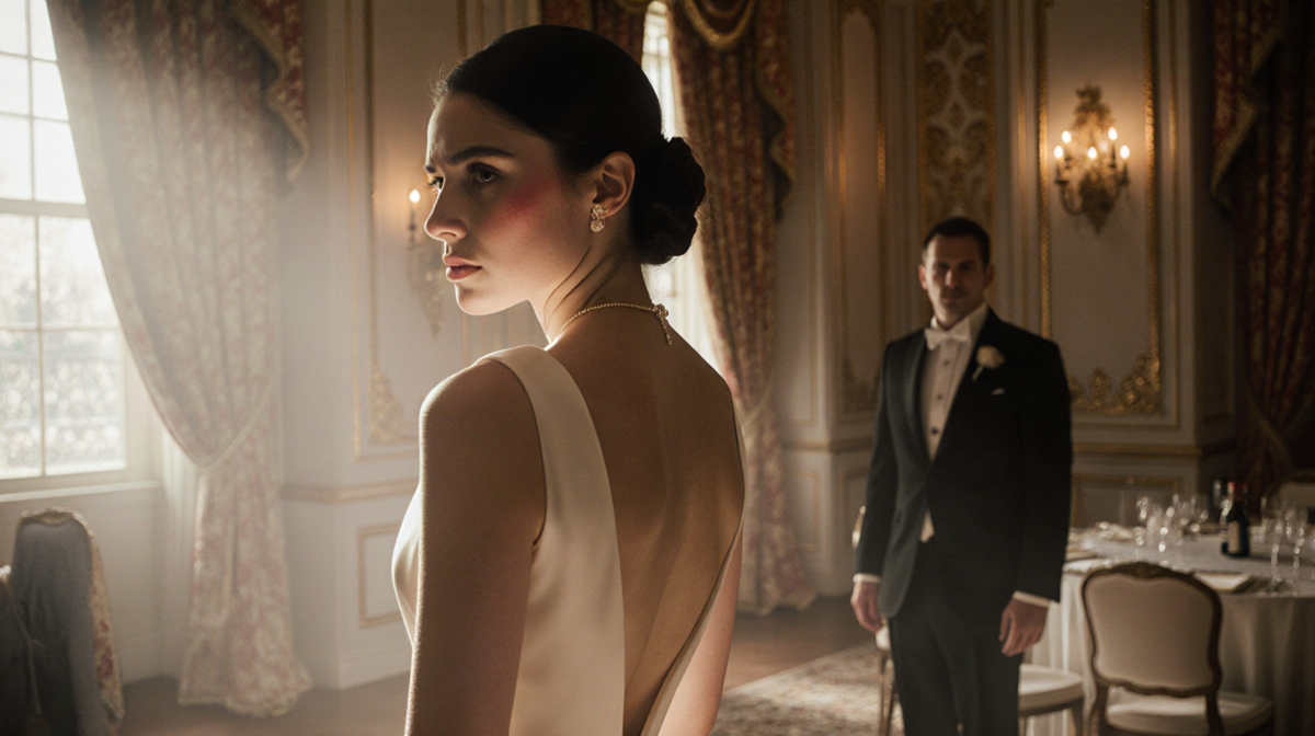 Azriél Crews standing at a lavish wedding with back to camera in white dress and golden lighting showing discomfort