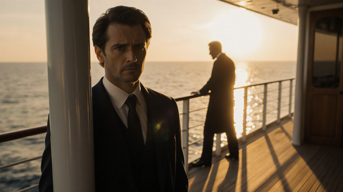 Azriél standing on a yacht deck with a warm sunset glow and an eerie figure behind a railing.