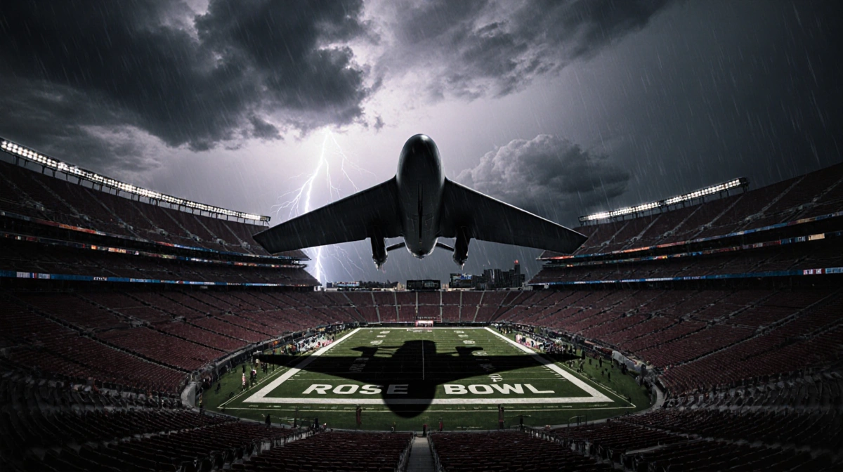 B-2 bomber flying low over the Rose Bowl stadium with its shadow across the field and a stormy sky with distant lightning