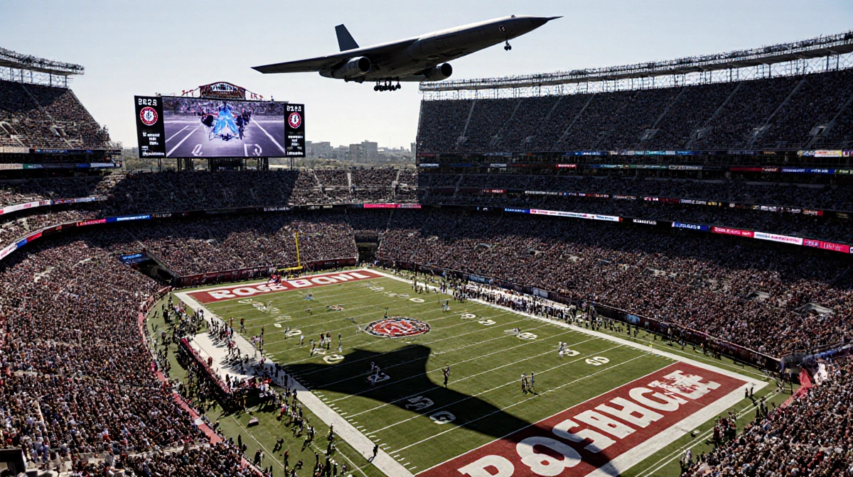 B-2 bomber flies over the Rose Bowl during halftime with its shadow on the field and crowds watching