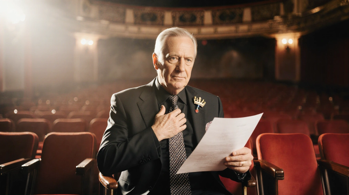 Director Babbit holds script with crown brooch and hand on heart in cozy film studio