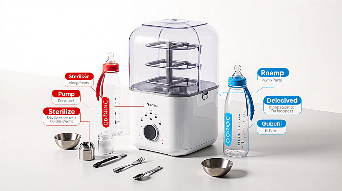 Sterilizer cleans bottles and pump parts with color-coded mode panels.