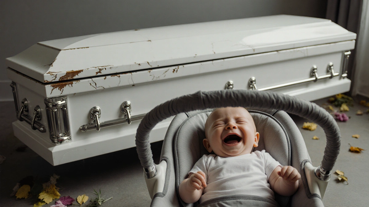 Happy baby giggling in bouncer with white casket showing cracks and scattered flowers behind