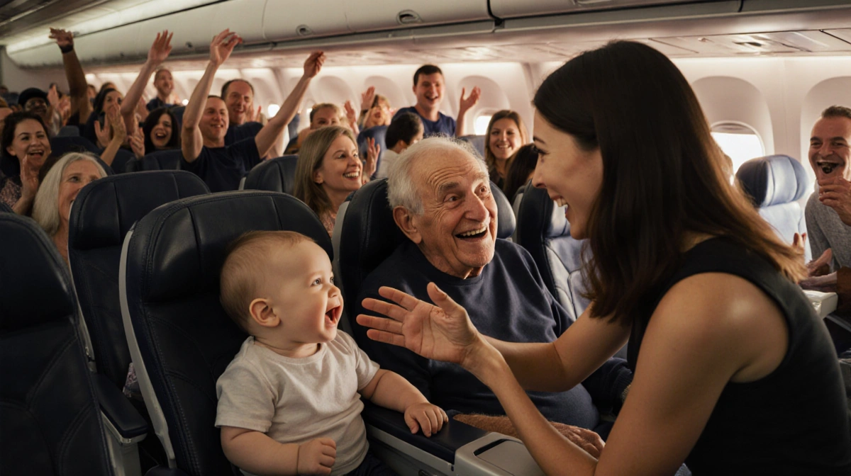 Young woman smiles and gestures to baby and elderly man on airplane with passengers cheering around them