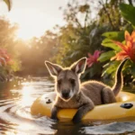 Baby kangaroo floating on raft in lazy river with sunrise reflecting on water and tropical plants lining the banks