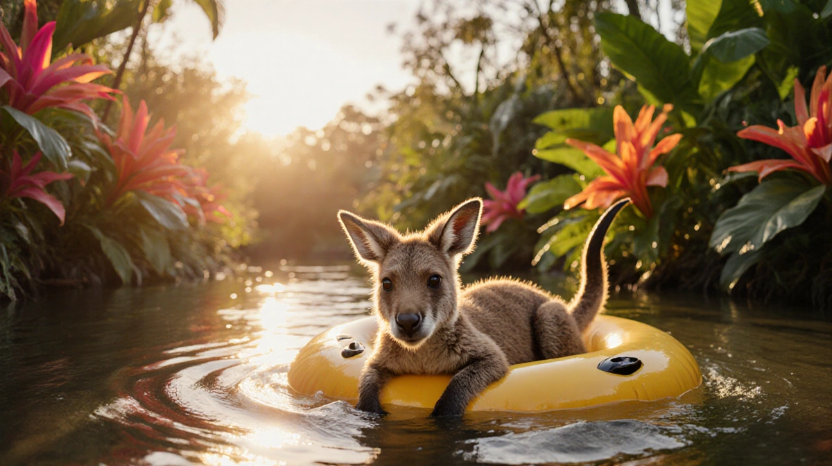 Baby kangaroo floating on raft in lazy river with sunrise reflecting on water and tropical plants lining the banks