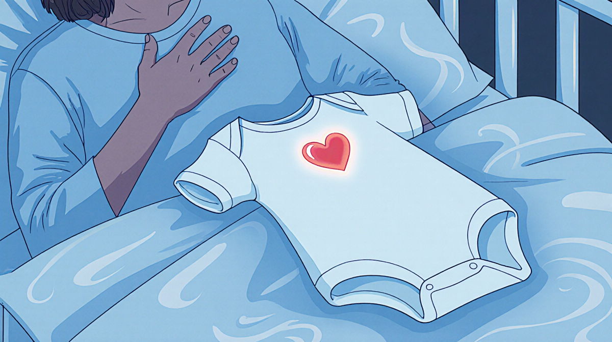 Baby onesie draped over hospital bed with glowing heart emblem and swirling blue patterns
