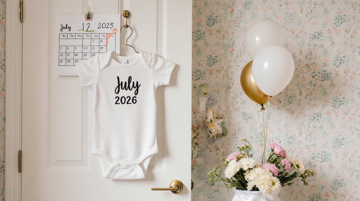 Baby onesie with July 2026 embroidered hangs on nursery wall with calendar and flowers nearby