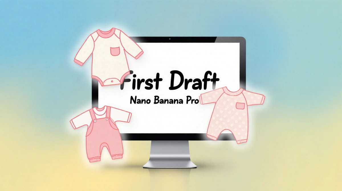 Baby outfit outline glows on digital canvas with pastel colors and First Draft text on computer screen