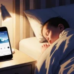 Sleeping baby lies peacefully in nursery with iPhone playing ocean waves and soft golden light