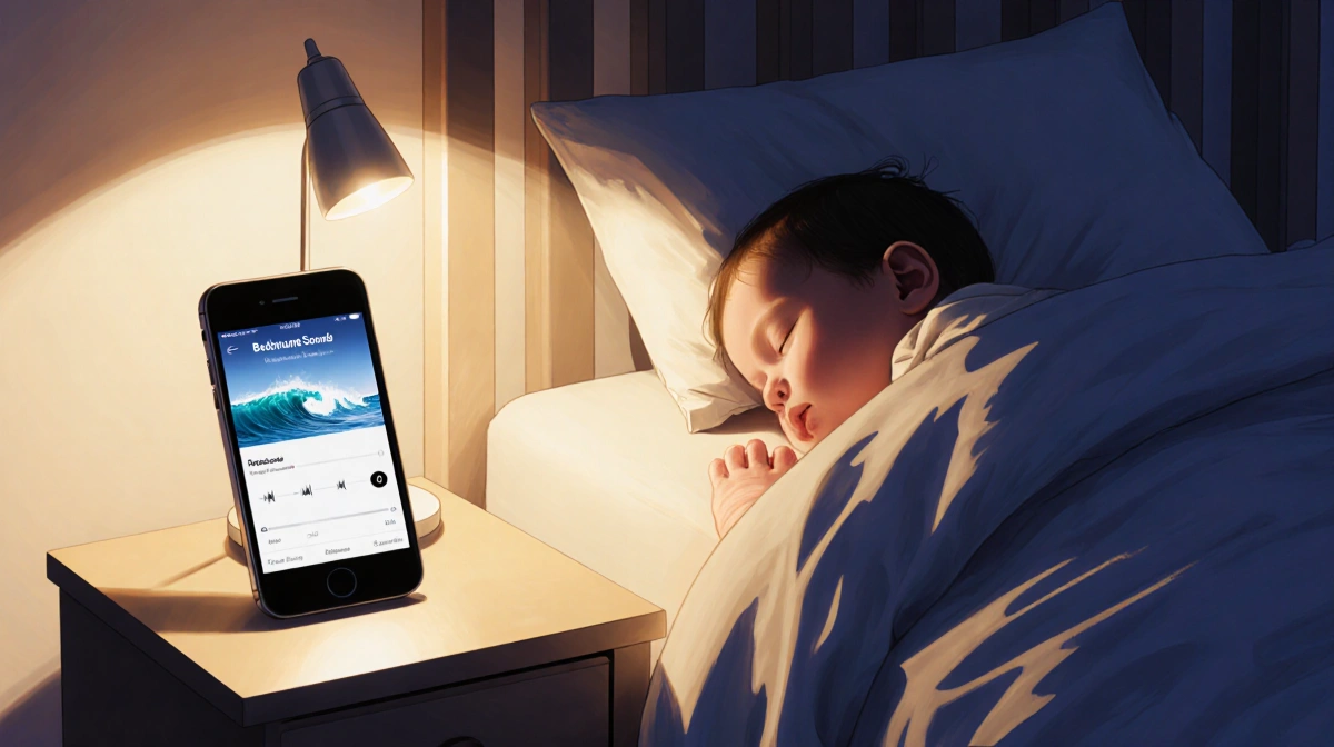 Sleeping baby lies peacefully in nursery with iPhone playing ocean waves and soft golden light