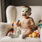 Baby wearing tiny face mask smiles with bright eyes while sitting in white chair with colorful toys nearby