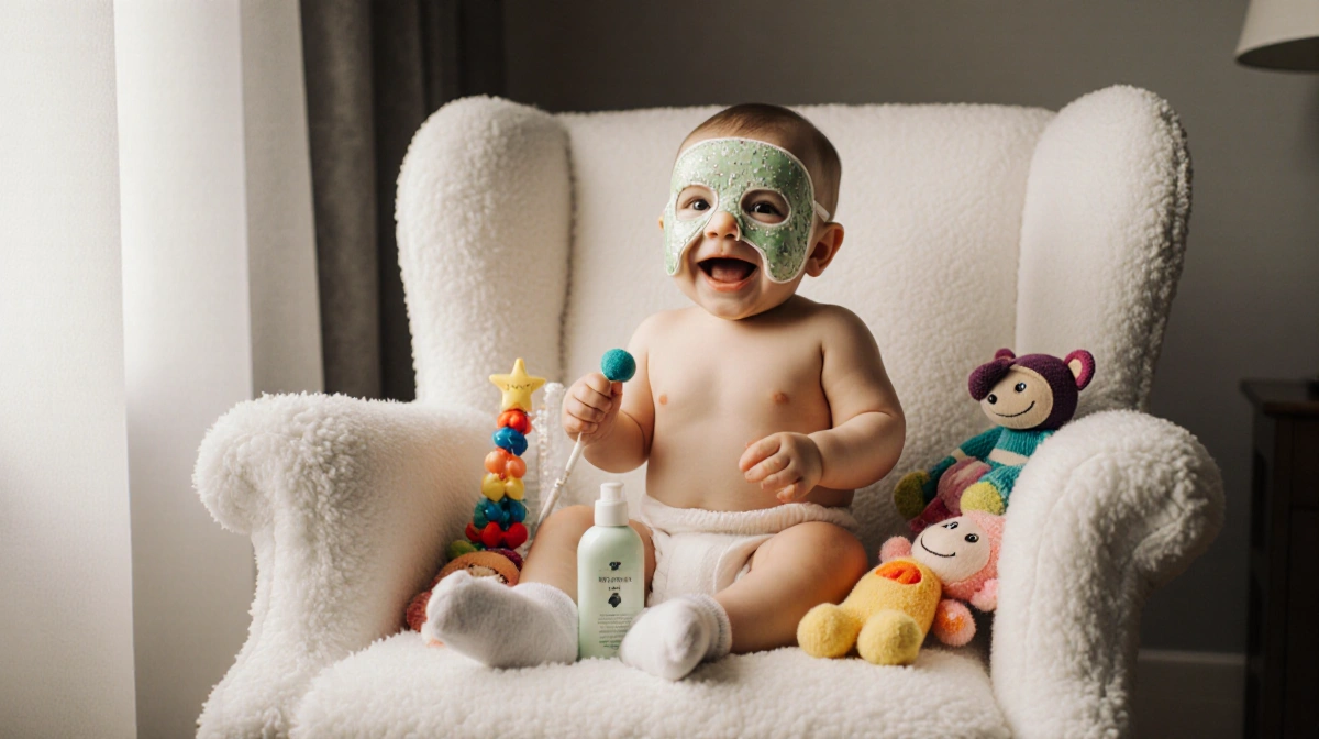 Baby wearing tiny face mask smiles with bright eyes while sitting in white chair with colorful toys nearby