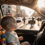 19‑month‑old baby sitting upright in front passenger seat of SUV with sunset light and chaotic intersection behind