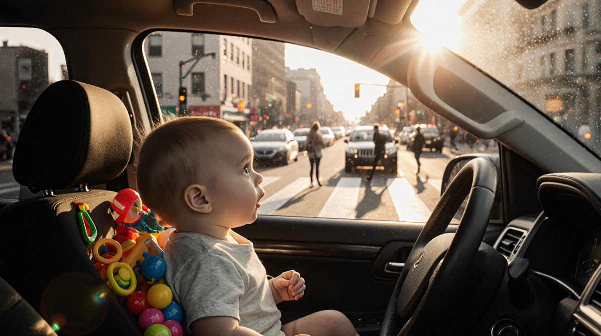 19‑month‑old baby sitting upright in front passenger seat of SUV with sunset light and chaotic intersection behind