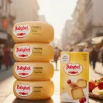 Stacked Babybel cheese wheels glowing with warm golden light and sleek new packaging with blurred cityscape behind