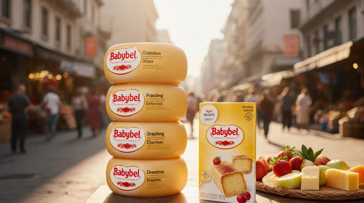 Stacked Babybel cheese wheels glowing with warm golden light and sleek new packaging with blurred cityscape behind