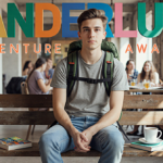Backpacker sitting on worn wooden bench with colorful hostel sign and cup of coffee beside him