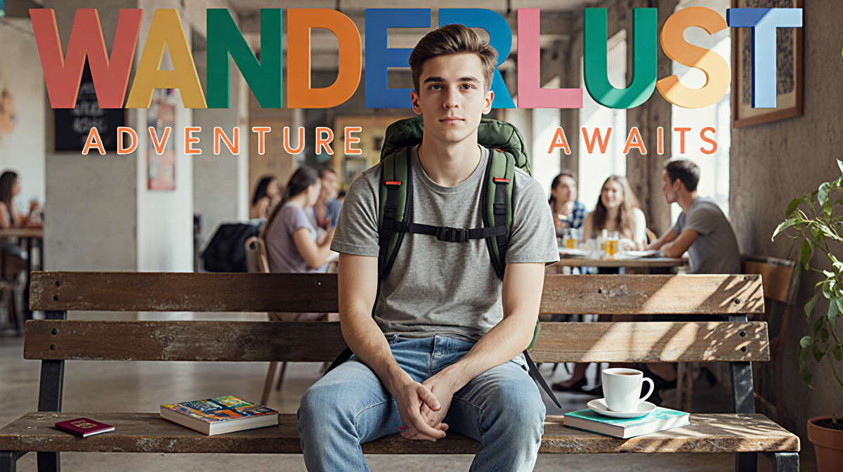 Backpacker sitting on worn wooden bench with colorful hostel sign and cup of coffee beside him