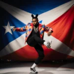 Bad Bunny dancing energetically with Puerto Rican flag backdrop and city skyline at sunset