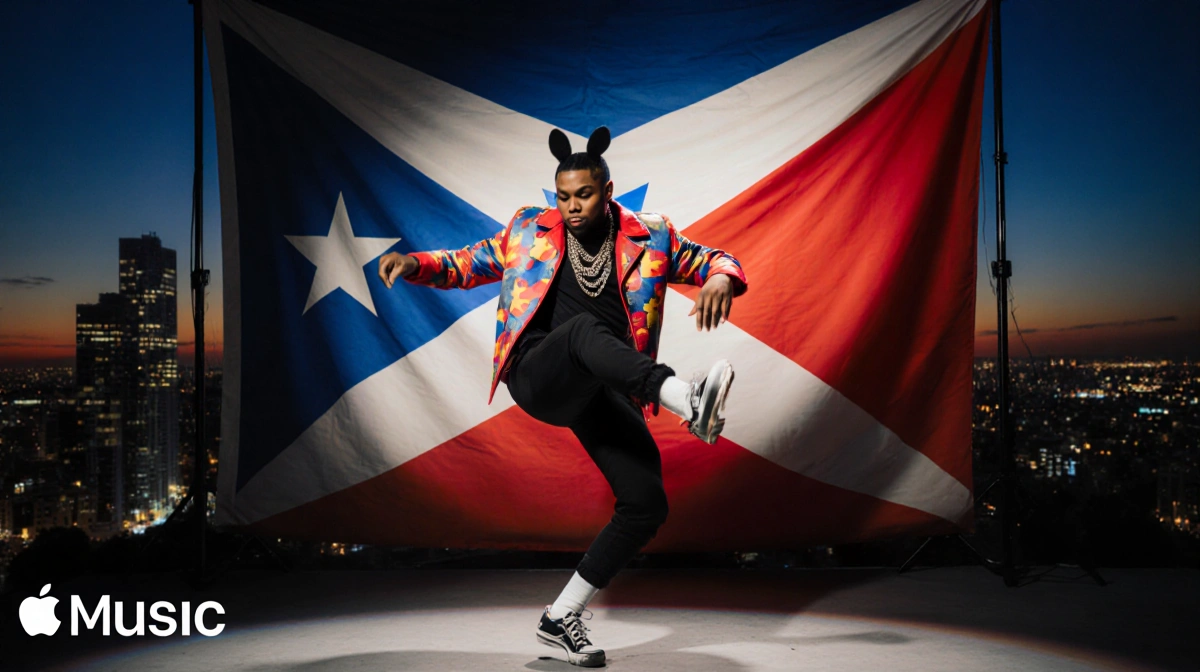Bad Bunny dancing energetically with Puerto Rican flag backdrop and city skyline at sunset