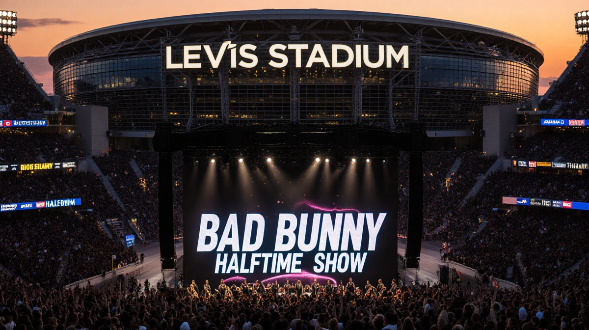 Bad Bunny performing at Levi's Stadium with sunset sky and excited fans surrounding the venue