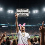 Bad Bunny performing on Super Bowl stage with diverse excited fans and stadium lights beaming down