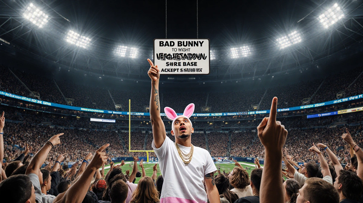 Bad Bunny performing on Super Bowl stage with diverse excited fans and stadium lights beaming down
