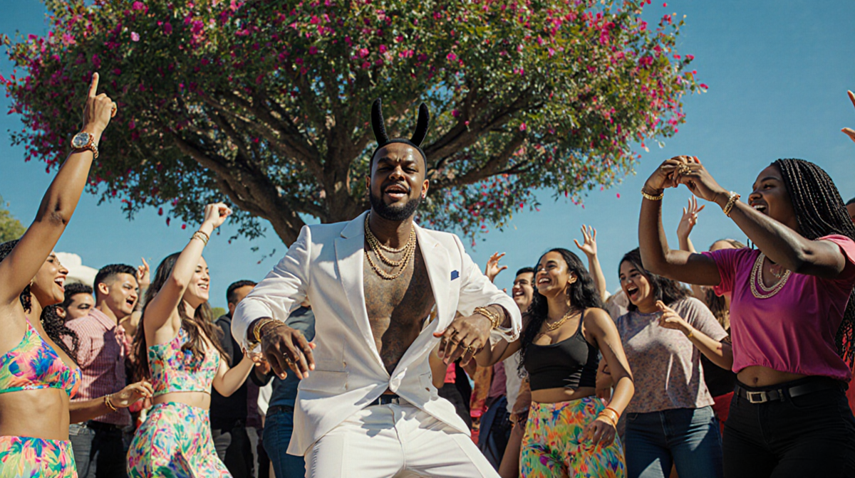 Bad Bunny dancing center stage with a colorful tree backdrop and a lively crowd around him