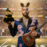 Bad Bunny holding a Grammy with golden light illuminating him on a confetti field and a vintage guitar in foreground