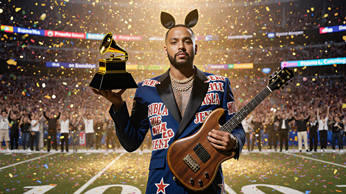 Bad Bunny holding a Grammy with golden light illuminating him on a confetti field and a vintage guitar in foreground