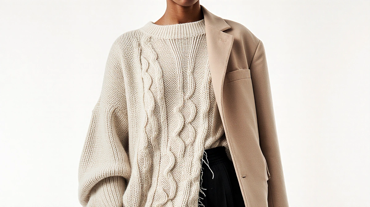 Fashion model wearing ill-fitting cable-knit sweater with sagging arm next to fitted coat showing quality difference