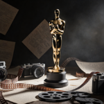 Tilting BAFTA statuette rests atop cluttered table with film reels and vintage cameras.