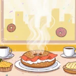 Steaming bagel sits on breakfast table with colorful toppings and playful bagel icons against warm yellow background