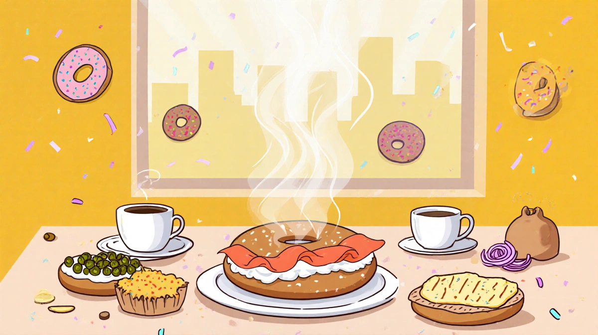 Steaming bagel sits on breakfast table with colorful toppings and playful bagel icons against warm yellow background